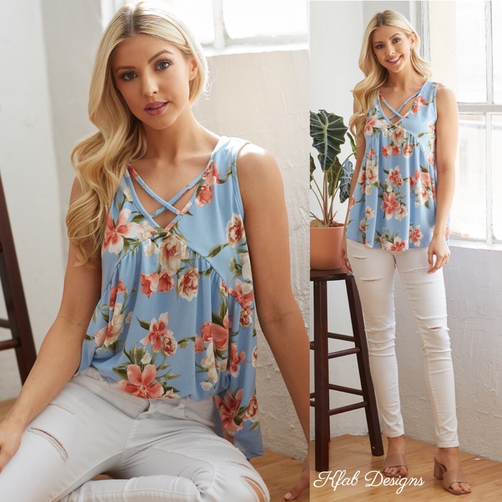 LAST 1! V Neck Blue Floral Criss Cross Detail Top! - Picture 5 of 7